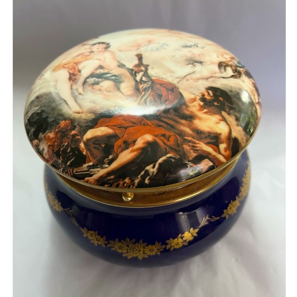 Vintage Blue Gold Porcelain Trinket Box Art Vanity Domed Jar Large Made In Italy